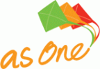 As One logo featuring three kites in green, orange, and red with flowing tails. Below the kites, the words 'as one' are written in an orange, flowing script font.