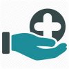 Hobson: Icon depicting a stylized teal hand with the palm facing upward, supporting a dark grey circle with a white medical cross inside, symbolizing healthcare, medical support, or assistance