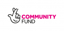 Community Fund logo featuring a black and white stylized hand with crossed fingers, representing The National Lottery symbol. Next to the hand, the words 'COMMUNITY FUND' are written in bold uppercase letters, with 'COMMUNITY' in pink and 'FUND' in black.