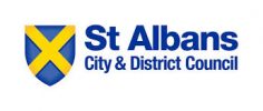 St Albans City & District Council logo featuring a blue and yellow shield with a diagonal cross, alongside the text 'St Albans' in bold blue letters and 'City & District Council' in smaller blue font below