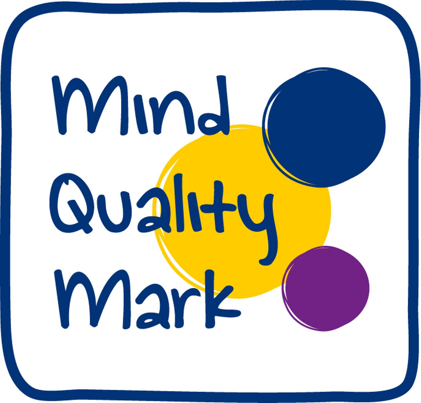 Mind Quality Mark logo featuring the handwritten-style text 'Mind Quality Mark' in blue, overlaid on three overlapping circles in dark blue, yellow, and purple. The design is enclosed within a rounded blue square border