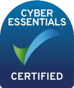 Cyber Essentials Certified badge: a dark-blue, rounded-top rectangle featuring the white words “CYBER ESSENTIALS” above a two-tone tick (green base blending into blue) and the word “CERTIFIED” beneath.