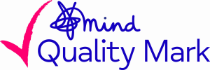 Mind Quality Mark logo featuring the word ‘Mind’ in blue handwritten font with a scribble icon, a bold pink tick mark on the left, and the words ‘Quality Mark’ in clear blue text on the right — symbolising accredited high standards in mental health services