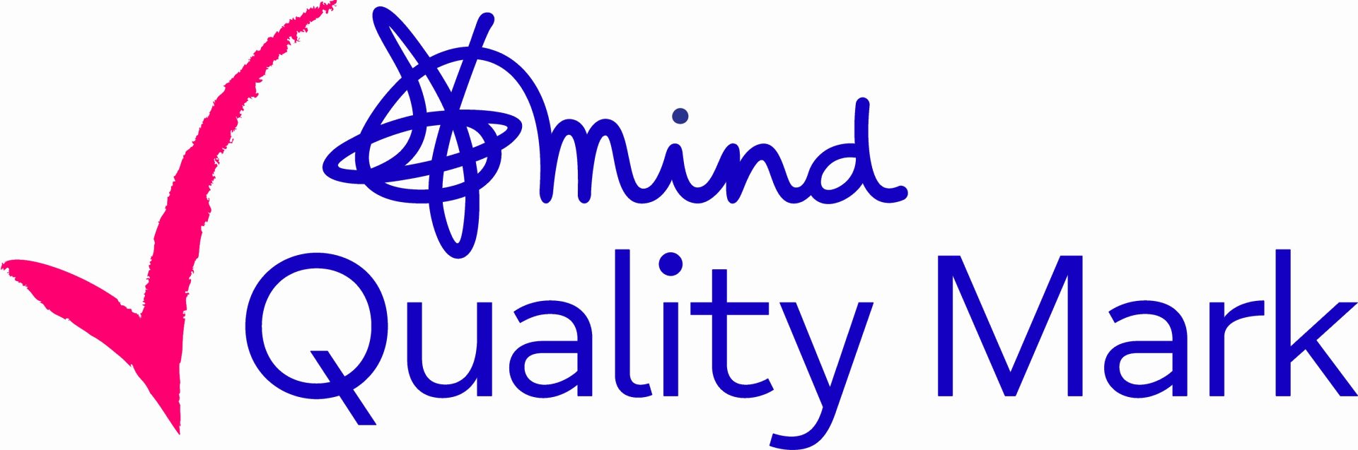 Mind Quality Mark logo featuring the word ‘Mind’ in blue handwritten font with a scribble icon, a bold pink tick mark on the left, and the words ‘Quality Mark’ in clear blue text on the right — symbolising accredited high standards in mental health services